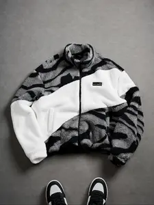 Grey and Black Camouflage - Patterned Fitted Fleece Jacket, Stand - Up Collar and Zipper Closure Outerwear, Made of Soft and Fluffy Material, Perfect for Achieving a Stylish and Cozy Streetwear Look
