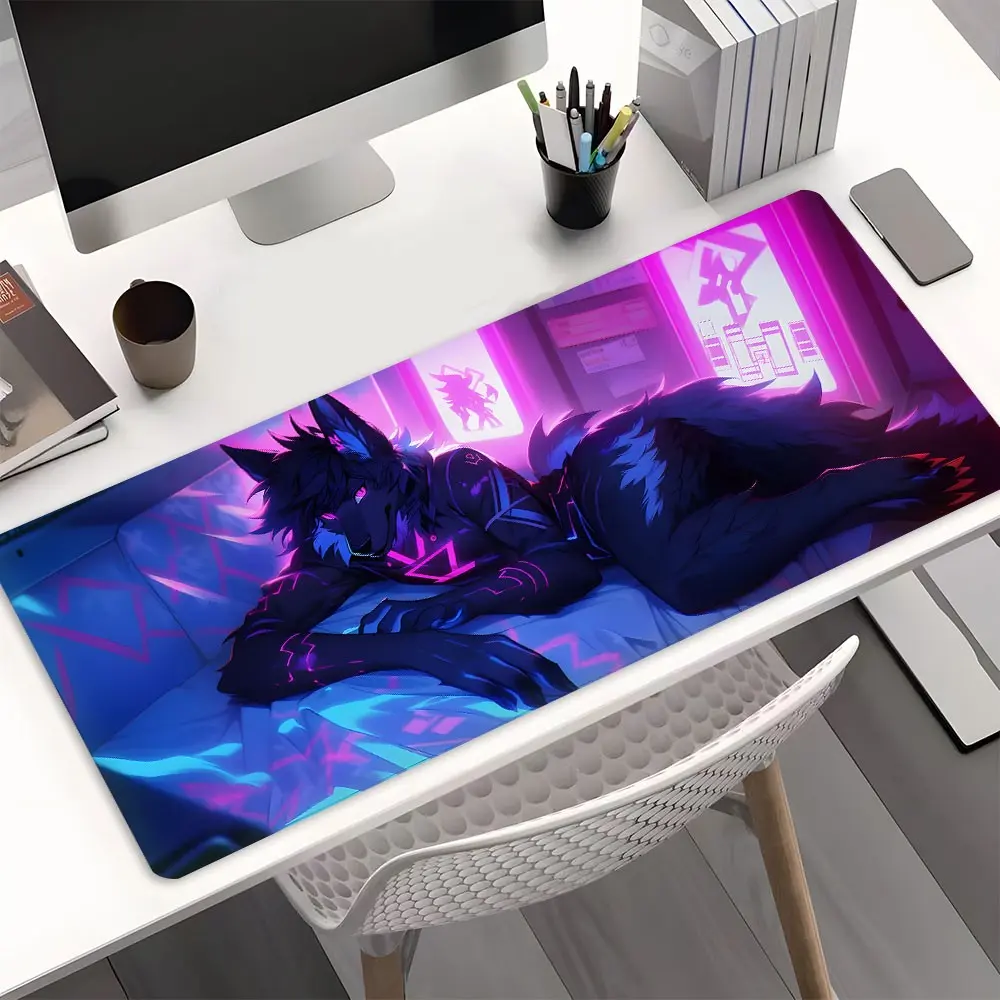 Cyberpunk Furry Wolf Large Gaming Mouse Pad,Neon Purple Pink Desktop Decoration Protection Pad,Rubber Pad Non-slip Lock Edge Work Pad,Multi-size Mouse Pad Suitable for Laptop,Desktop Computer Games, Work,Family, Good Gift for Boys,Girls,Kids
