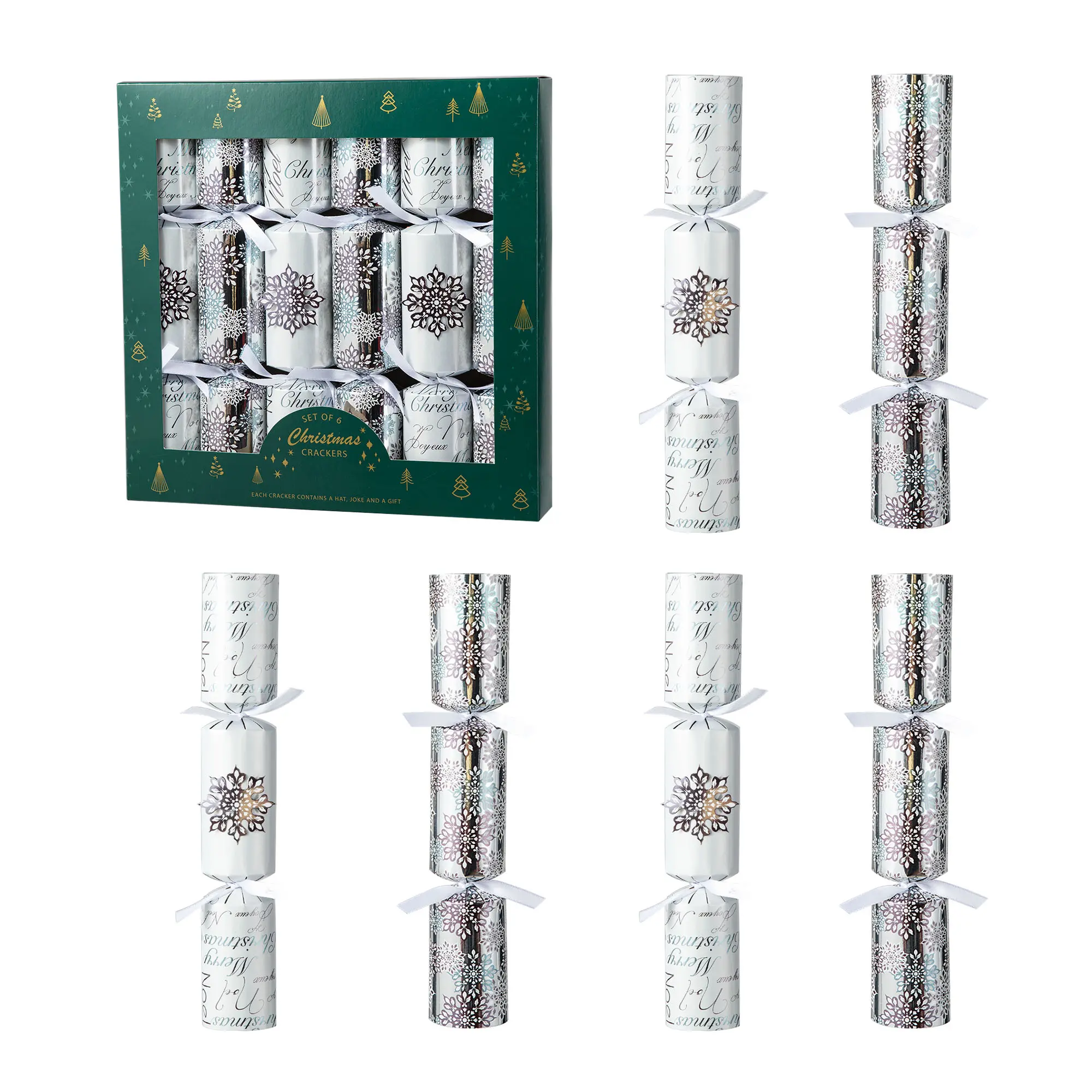 Glitzhome 6-Pack Christmas Snowflake Gift Decor Boxes, 2''D x 12''H Star-Themed Party Crackers for Festive Home Decor