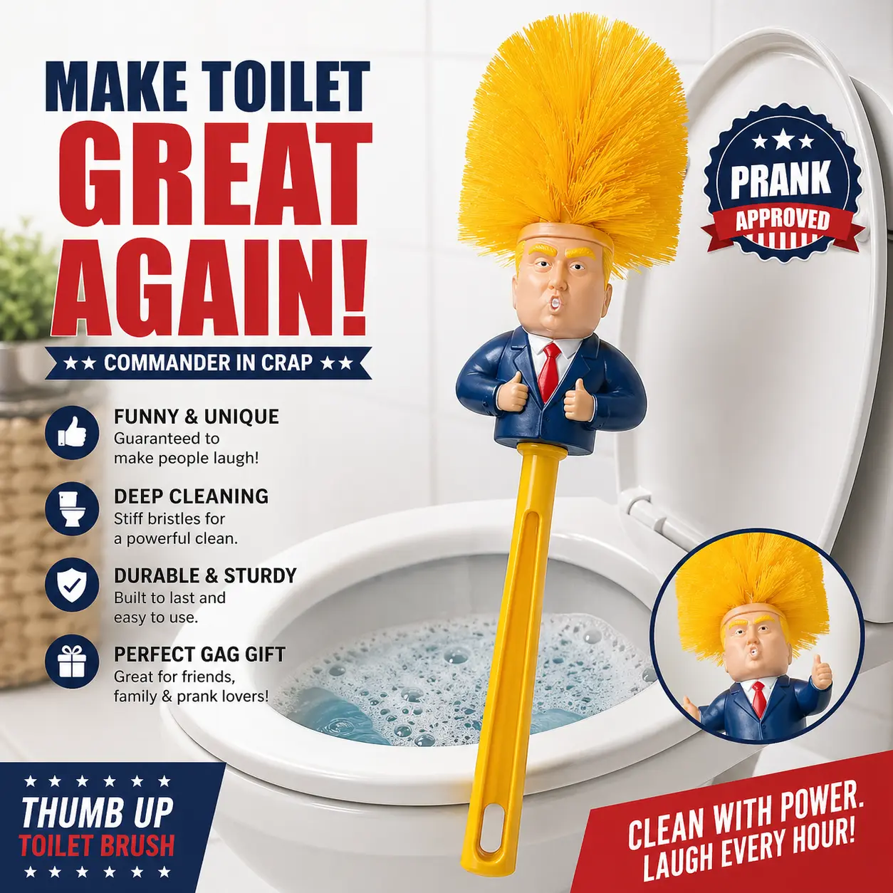 Funny Toilet Brush,Prank Toilet Brush Cleaner, Funny Toilet Scubber,Make Toilet Great Again, Commander in Crap (Thumb Up Toilet Brush)