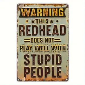 Warning Redhead Humor Sign - Wall Hanging Decorative Plaque for Indoor/Outdoor Use, English Text - Multipurpose UV Printed, Durable Metal Warning Statement Decor bar wall Lightweight Tin
