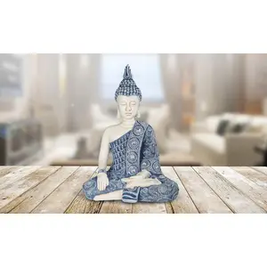 11"H Blue and White Earth Touching Buddha Statue Feng Shui Decoration Religious Figurine