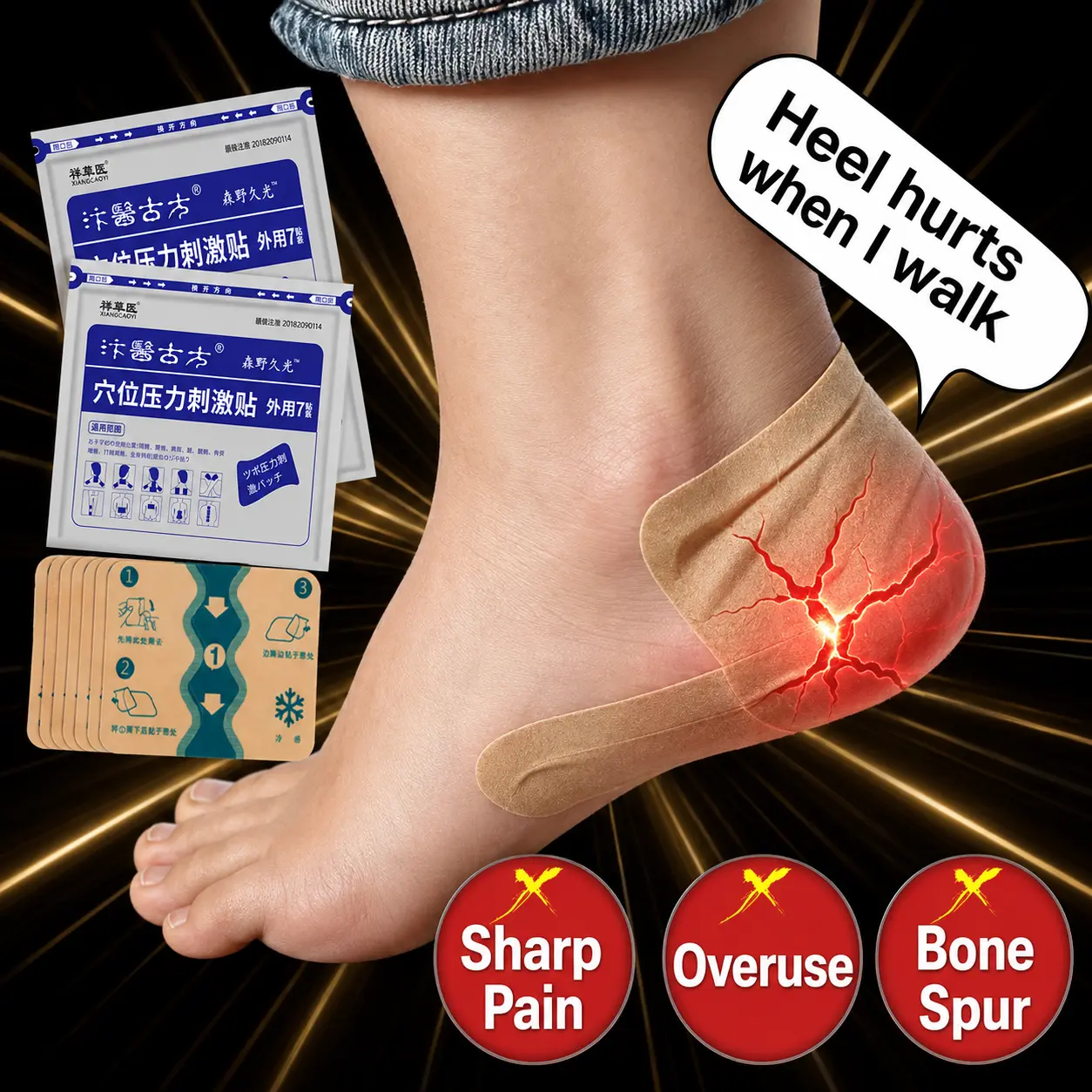 Foot bottom pain patch for repairing heel soreness caused by overuse; addresses ground pressure pain triggered by bone spurs, tight plantar fascia, and muscle stiffness/aching. Gently soothes discomfort at pressure points and helps alleviate repetitive he