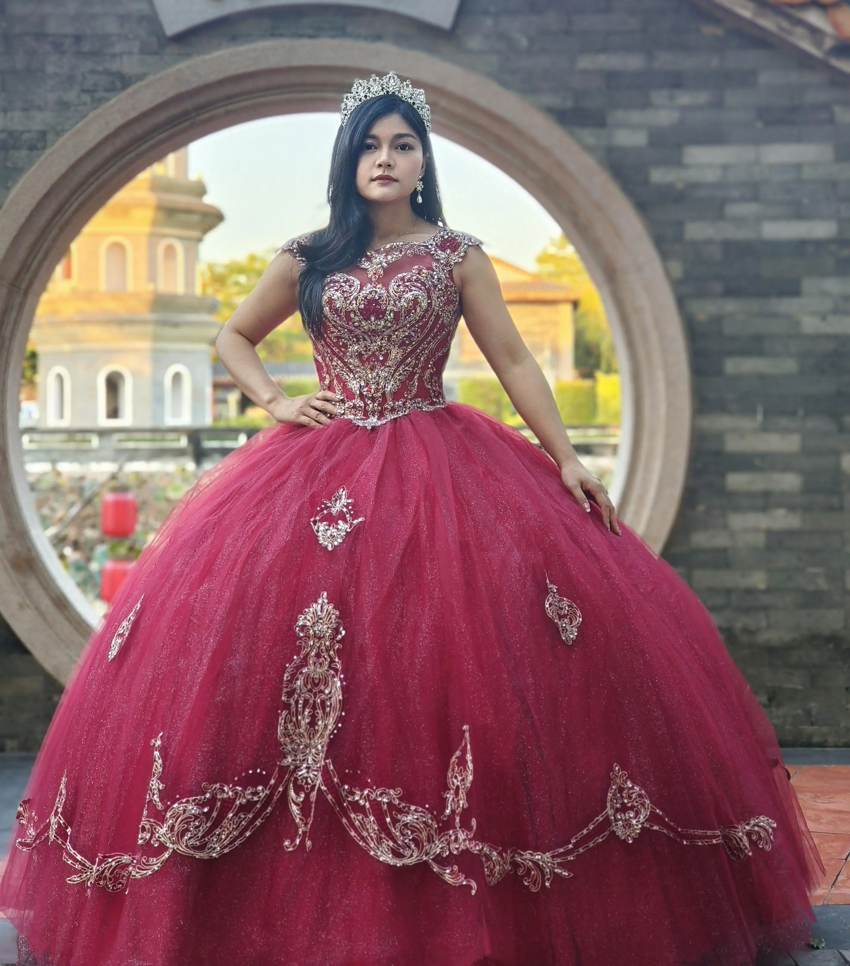 NO.8 Burgundy Ball Gown for a Ladies Quinceanera Celebration, Sleeveless Tulle Dress with Sequins and Embroidery, Luxurious, Formal, Festive, Fashion, Formal Wear, Lady, Elegant, Wedding, Women's Clothes, Women's Fashion, Quinceanera Dress, Fluffy Skirt,