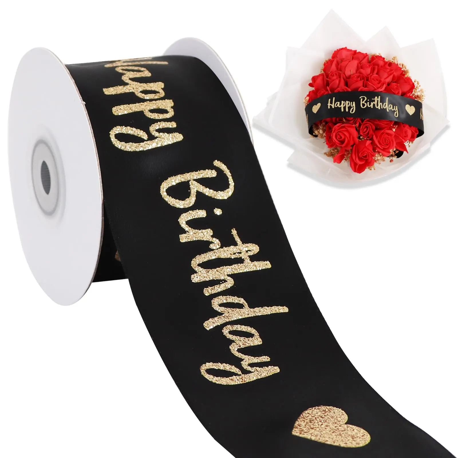Glitter Finish Polyester Satin Ribbon - 2-Inch Wide, 10 yds, Black, "Happy Birthday" Print, DIY Scrapbooking Embellishment for Gift Wrapping, Bow Crafting, Party Decor, Flower Bouquets, Shining