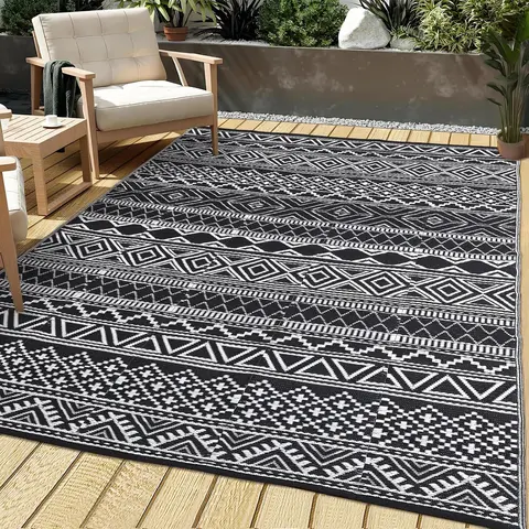 Outdoor Waterproof Rug, 320gsm Bohemian Pattern PP Straw Mat, Reversible Plastic Floor Cover for Patio, Deck, RV, Camping, Picnic