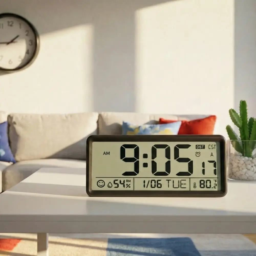 [Back To School] EASYERA 15'' Large Digital Clock, Atomic Wall Clock Battery Operated, Self-Setting, Indoor Temperature & Humidity, Auto DST, for Kitchen, Classroom, Dormitory, Garage, Office, Work Space, Shed (Batteries Not Included)
