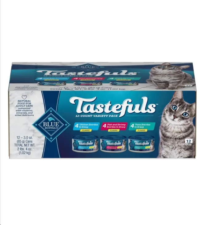 Blue Buffalo Tastefuls Flaked Wet Cat Food Variety Pack 12-Count 3-oz Cans with Tuna Chicken Fish & Shrimp Natural Ingredients