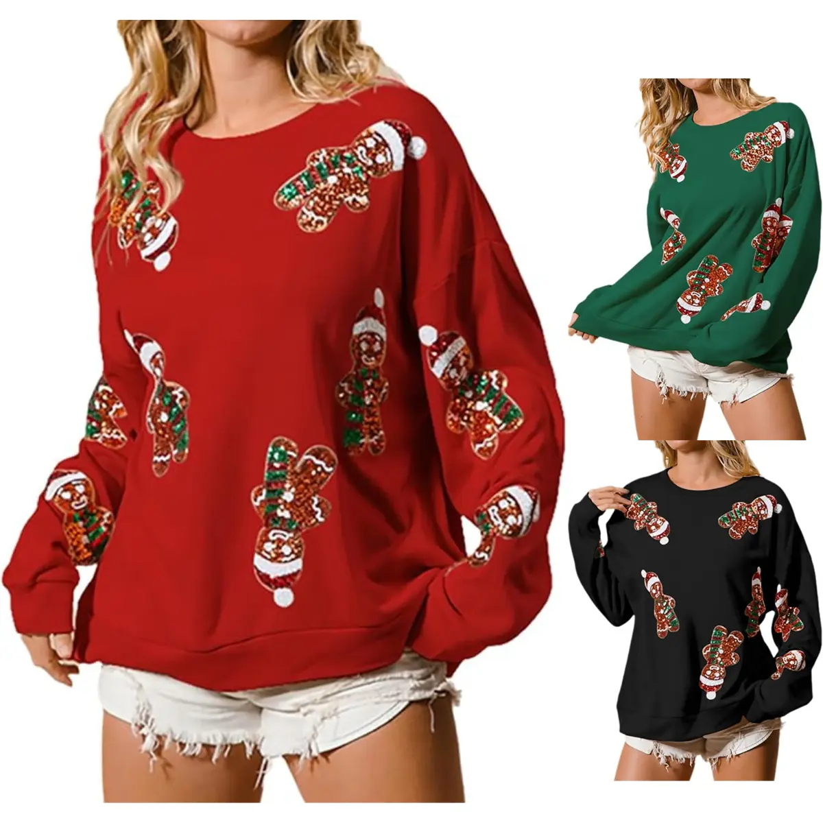 Ommig Women's Christmas Glitter Sweatshirt - Chic Long-Sleeve Loose-Fit Round-Neck Pullover, Soft Cotton-Blend Fabric, Funny Sequin Graphic, Korean Party Holiday Statement Piece (Avoid Bleaching, Iron on Low Heat), Cute, Polyester, Thanksgiving