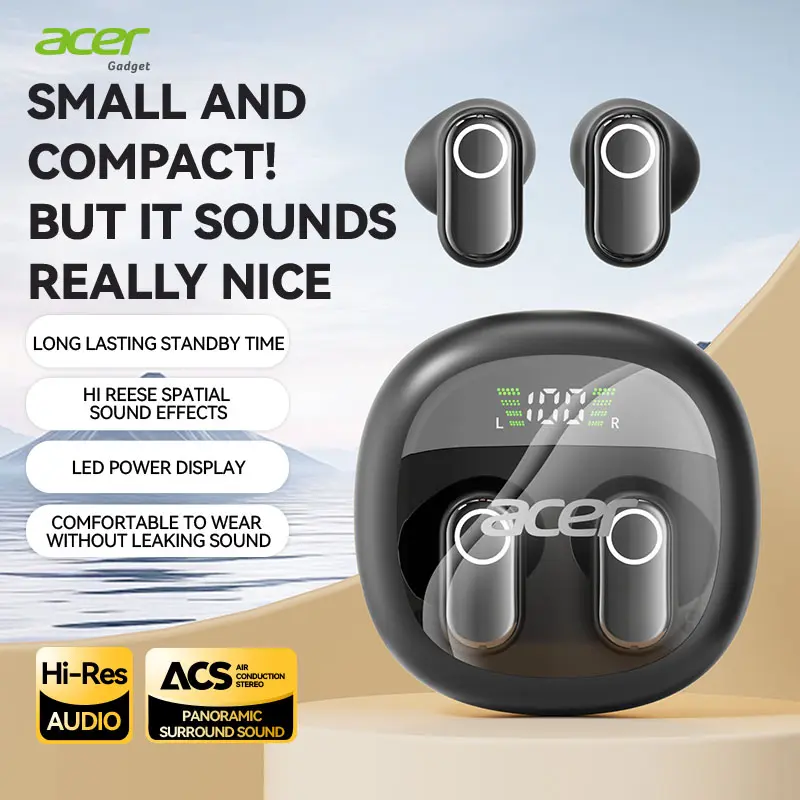 Acer OHR513 Wireless Earphone,In-ear Design Earphones with Digital Cal, LongStandby Headset for Men & Women, Audio Earbud Electronic ear headphone fast charge Black