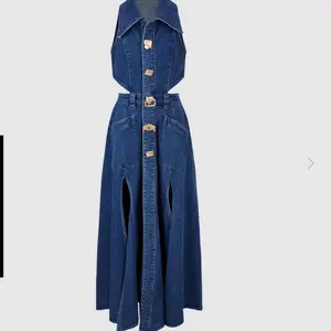 Urban Revivo Denim Cut-Out Maxi Dress Gold Button Detail US 14 XXXL NWT MSRP $149 Women's Fashion Womenswear