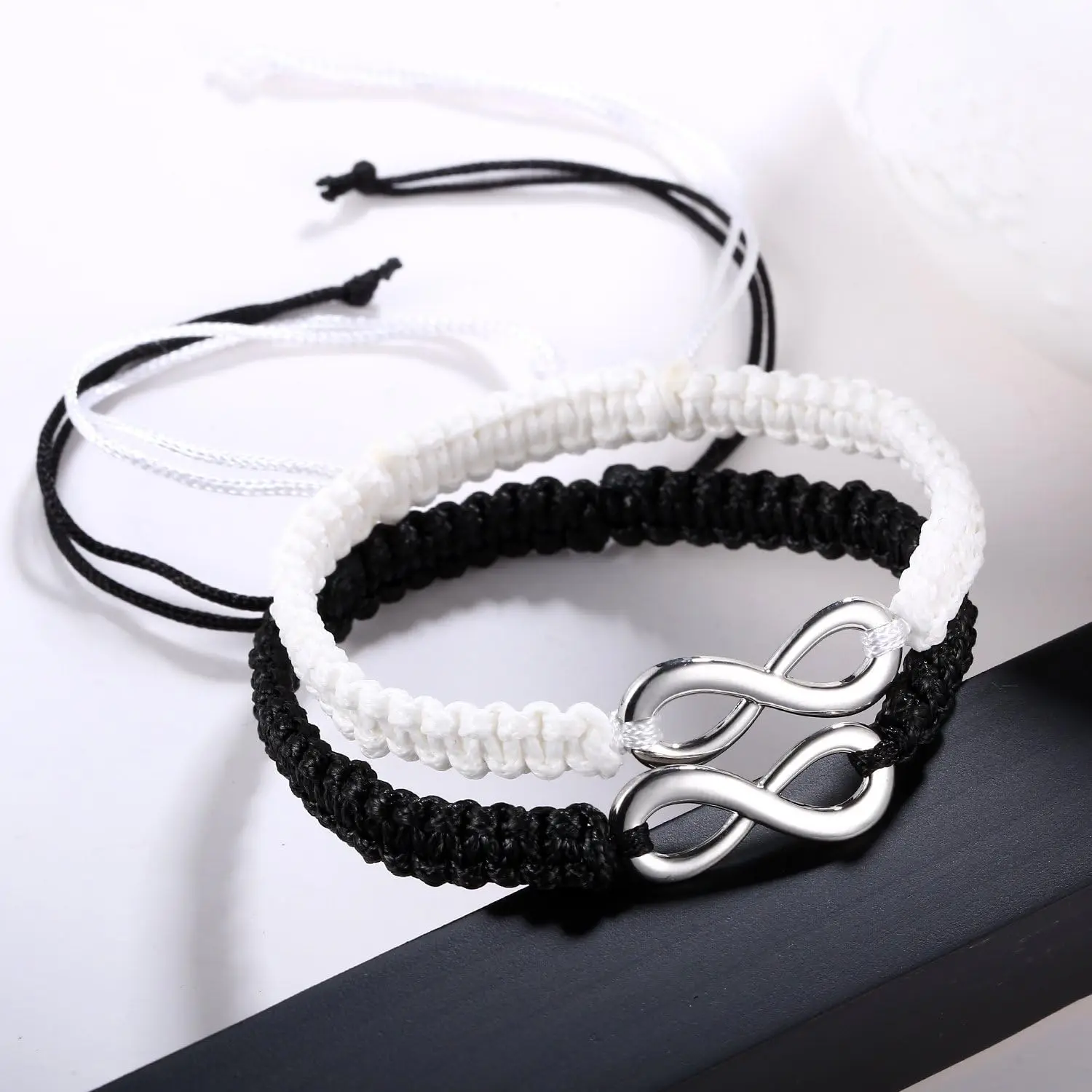 【2026 Romantic Valentine's Day Romance Arm Candy Accessories】2PC Stainless Steel 8-Infinity Couple Braided Leather Rope Bracelet Set, Adjustable 7-9 Inches Wrist Chain, Casual Bracelet Stacking Gift for Lovers, Adjustable Chain, Christmas