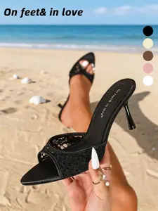 Elegant Lace High Heel Slippers for Women, Slim Heel Pointed Toe Sexy, Height Increase Slimming, Party Evening Shoes Footwear