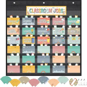 Class Jobs Pocket Chart with 96 count Colorful Classroom Jobs Cards and 3 Hooks Boho Classroom Management Education Pocket Chart Teacher's Helper Class Bulletin Board for  to School Supplies