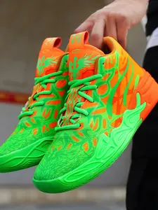 1 Pair Fluorescent Pink Green Graffiti Parent-Child High-Top Basketball Shoes Art Sports Style Breathable Mesh Material Shock Absorption Ankle Protection For Basketball Training And Trendy Daily Outfit