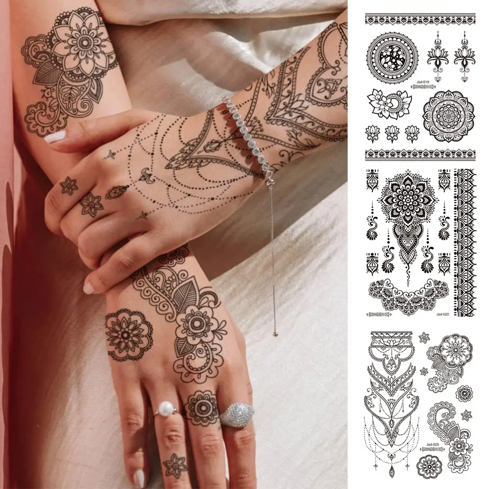 1 Sheet Black Henna Waterproof Temporary Tattoo Sticker, Floral, Lace Patterns, Henna Designs, Suitable For Fingers, Hands, Legs, And Ankles. Perfect For Henna Art, Weddings, Parties, Special Occasions And Body Decoration