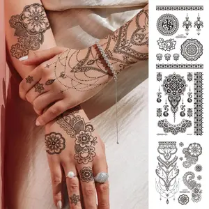 1 Sheet Black Henna Waterproof Temporary Tattoo Sticker, Floral, Lace Patterns, Henna Designs, Suitable For Fingers, Hands, Legs, And Ankles. Perfect For Henna Art, Weddings, Parties, Special Occasions And Body Decoration
