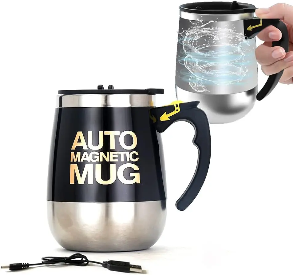 Self Stirring Mug - Rechargeable Magnetic Electric Auto Mixing Stainless Steel Cup for Office/Kitchen/Travel/Home Coffee/Tea/Hot Chocolate/Milk-400 ml/13.5 oz Black USB Rechargeable Ideal Travel Mug