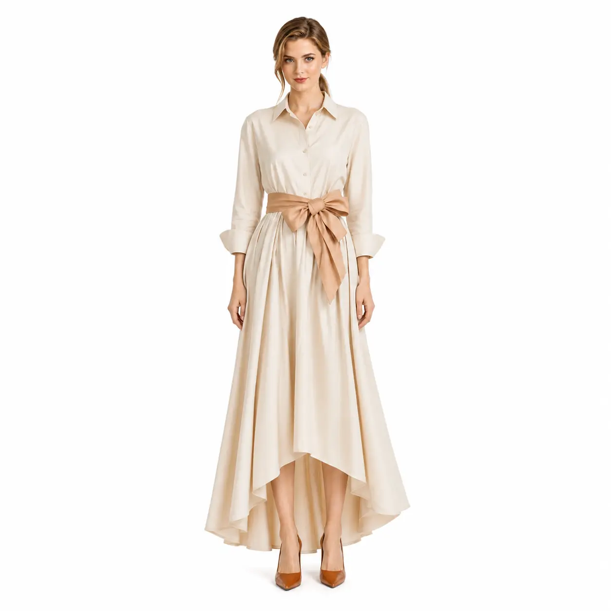 Women's Solid Color V Neck Shirt Collar Long Sleeve Maxi Dress, Tie Belt Waist Irregular Hem A Line Shirt Dress, Elegant Street Work Office Travel Fall Trench Style Dress for Women