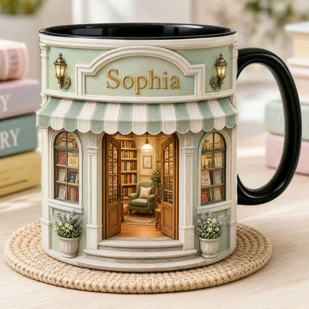 Custom Name Bookstore Faux 3D Mug, Cozy Book Shop Coffee Coffee Mug, Book Lover Storefront Gift Mug, Library Name Mug, Cozy Reader Birthday Gift