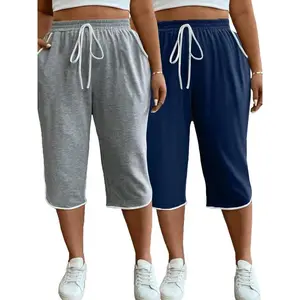 ��Plus Size�� Solid Color Drawstring Loungewear?Capri Pants, Casual Comfy Pajama Capri?Trousers for Home Relaxation, Women's Sleepwear & Loungewear for Summer