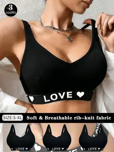 3pcs Trending Love Ribbon Ribbed Sports Bra Stylish Seamless Bralette for Gym & Daily Wear  Breathable Activewear Crop Top