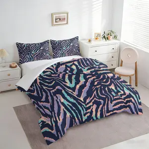 2/3Pcs Colorful Zebra Stripe Print Comforter Set, Modern Abstract Wild Animal Skin Quilt Bedding Set, Soft Digital Print Bed Comforter with Pillowcases for Teens Adults Bedroom Dorm Room Decor