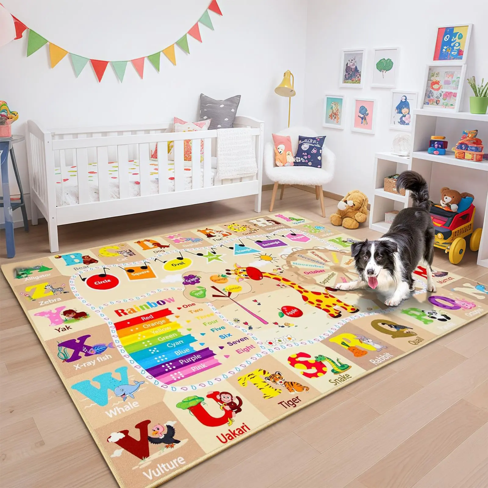 Kids' Early Education Non-Slip TPR Multicolor Rug - Multi-Size Washable Rugs with ABC Letters, Animal, Shape, Color, Fruit Patterns for Playroom, Kids' Room Decor (Beige, Blue, Green, Purple, Pink)