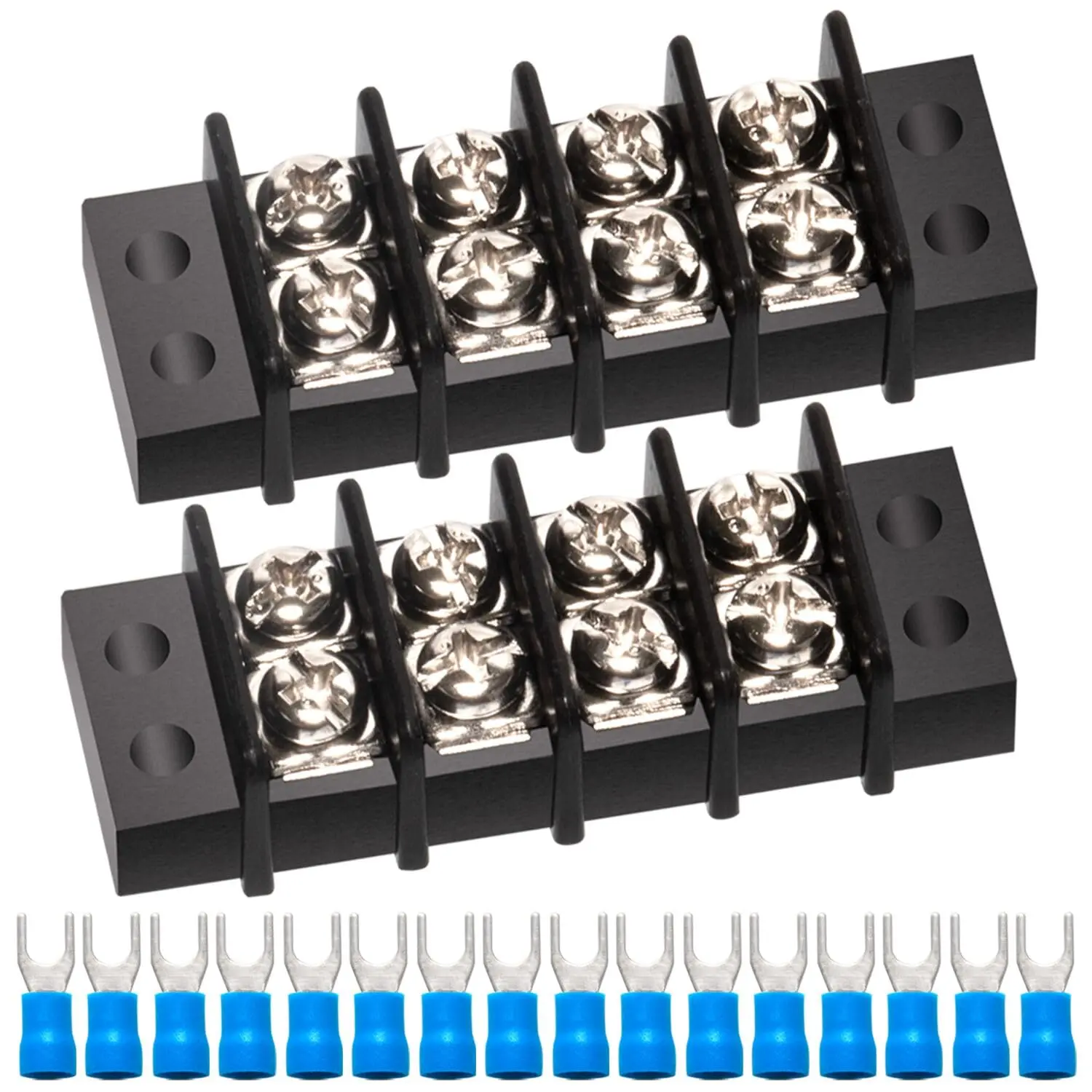 Terminal Block - 2 Pack 4 Positions 200v-450v 20-30A Dual Row Screw Terminals Strip + 16 count Copper Wire Fork Connectors