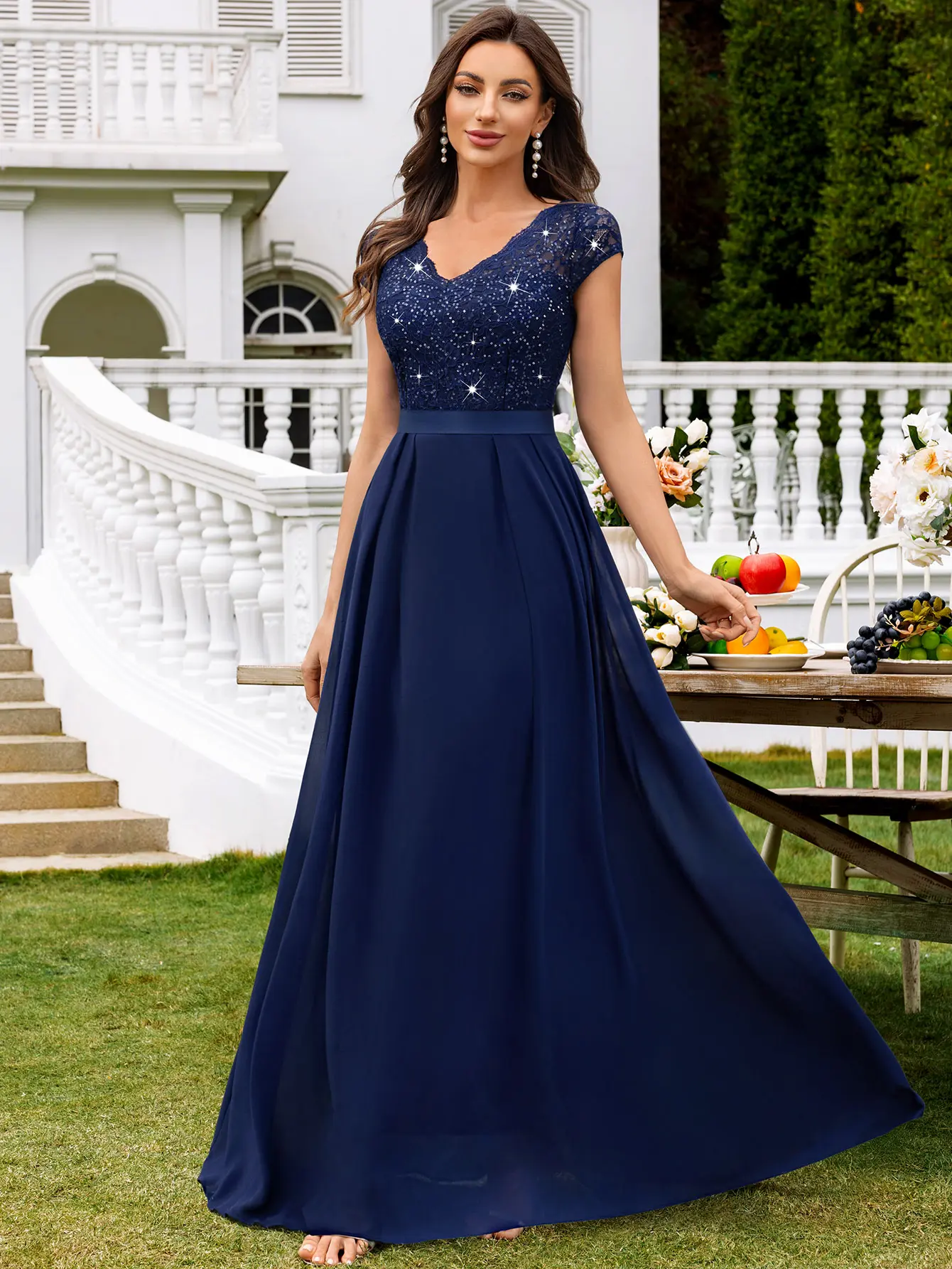 Miusol Women's Vintage Chiffon Formal A-Line V-Neck Maxi Gown - Sequined Floral Lace Bodice, Zipper Closure, for Wedding Guests - XL Size with Included Laundry Bag, Elegant, Chic Retro, Dress For Wedding Guest, Fit & Flare, Gowns, Wedding Guest Dresses