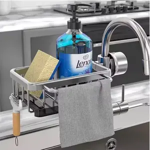 Ronnos Kitchen Accessories Sink Caddy, Multifunctional Sink Faucet Adjustable Attachable Storage Rack Kitchen Organizer, Dish Sponge Holder Attachable to Sink Faucet 0.7-1.1 inch Pipe for Bathroom and Kitchen, Metal Accessory with Detachable Water Tray