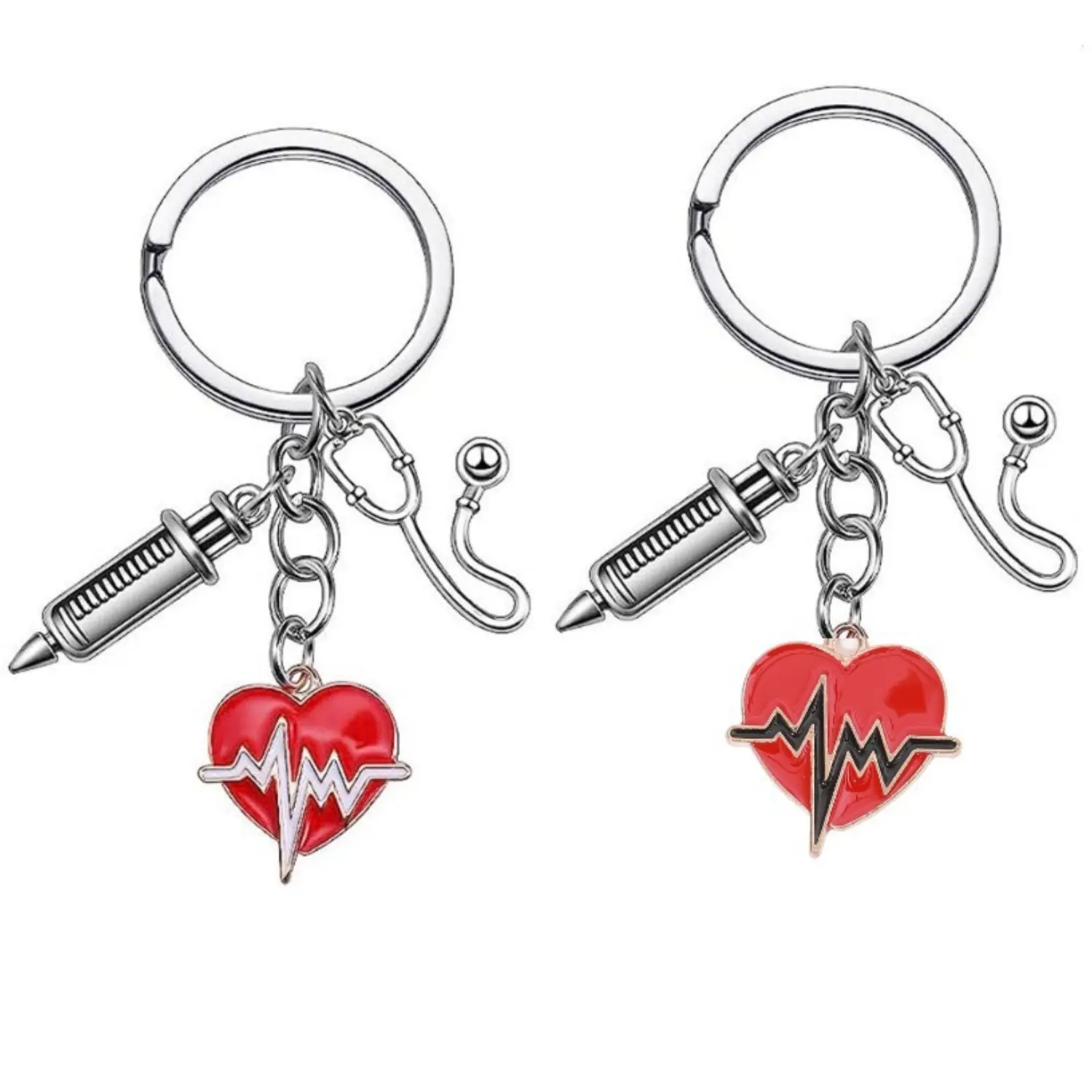 Silver Non-Customized Medical Keychain Set with Metal Stethoscope & Heart ECG Charms, Sporty Sports Wristbands, Doctor Accessory, Ideal Graduation Gift