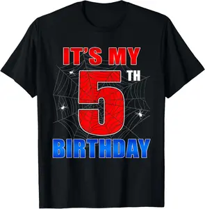 Boys' Short-Sleeve Round Neck Graphic Cotton T-Shirt - 5th Birthday Spider Web Design, Fashion Streetwear Casual Top for 5-Year-Old Party Wear (Menswear Category), Shortsleeve