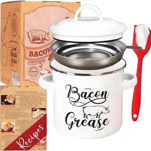Bacon Grease Saver with Strainer - 46OZ Enamel Bacon Grease Container for Kitchen with Lid and Spatula, Reusable Cooking Oil Container, Retro Farmhouse Style