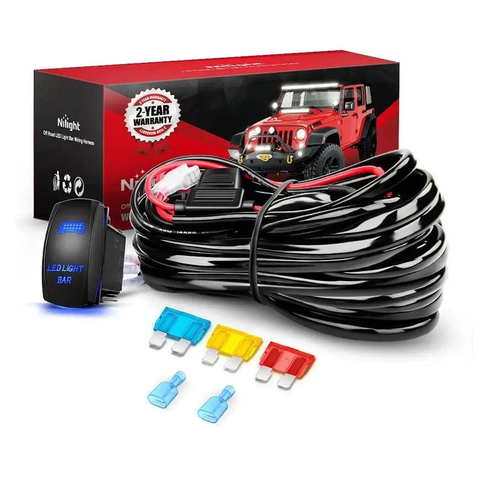 Nilight 14AWG Universal Fit Wire Harness Kit - 1 Lead, 12V 5-Pin Rocker Type Switch, 3 Fuses, 2 Spade Connectors, ABS+PC Construction, Power Relay, High-Temp Res.