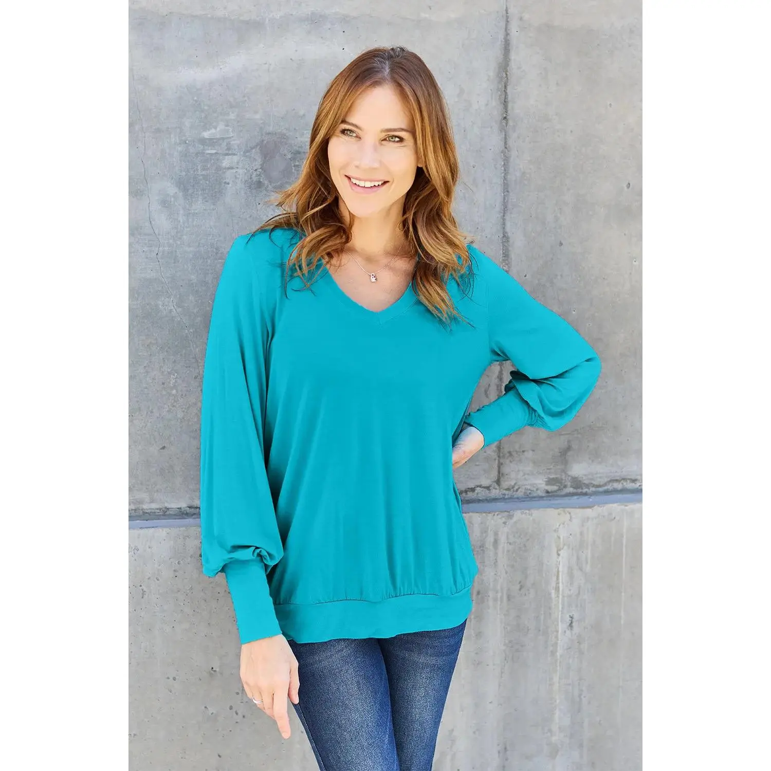 Bae V-Neck Lantern Sleeve Top Plus and Regular Sizes