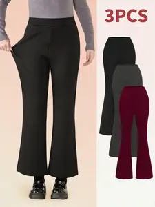 3PCS Plus size Women's Versatile Fleece-Lined Flare Pants - High Waist Warm & Soft Thermal Skinny Flares, Ideal for Fall Winter Casual Wear & Fitness