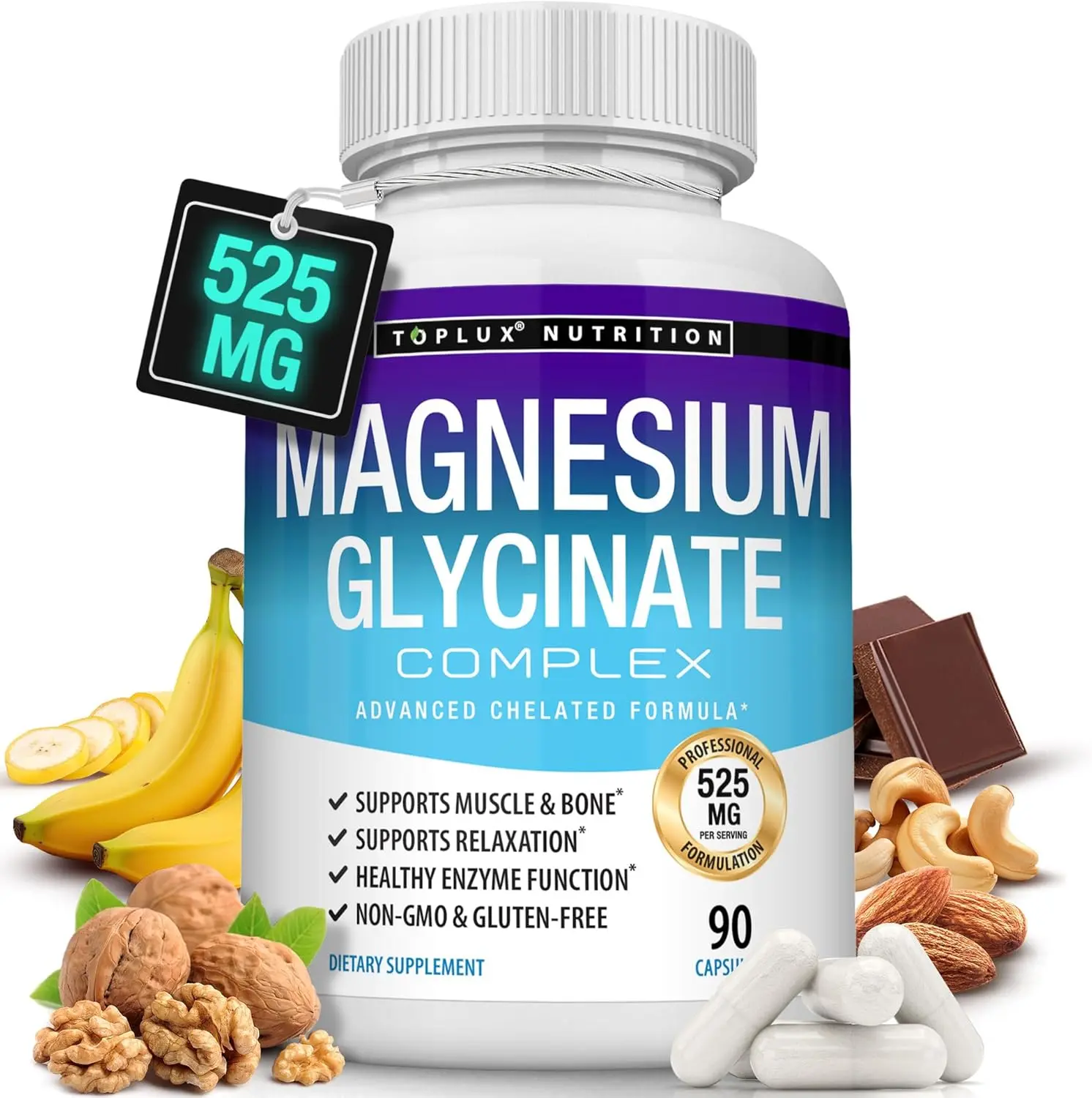 525mg Magnesium Glycinate Bisglycinate Capsules, Chelated Magnesium for Deep Sleep, Calm Muscles & Night Cramps, Vegan 90 Count Magnesium Glycinate, Magnesium Bisglycinate, Chelated Magnesium, Magnesium Capsules Calcium Zinc Dietary magnesium for sleep