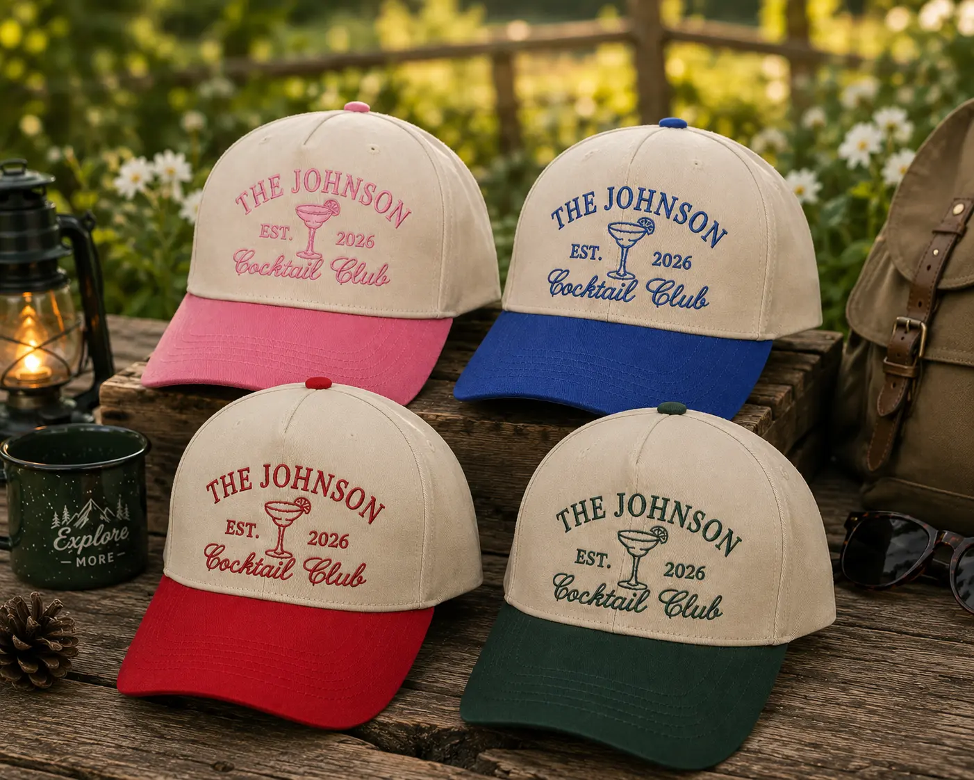 Personalized Cocktail Club Embroidered Hat, Custom Family Name Baseball Cap, Est Year Cocktail Hat, Wedding Party Gift for Couples