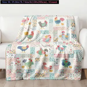 Quilted Patch Flannel Blankets - Multi-Size, Colorful Country-Style Rooster Print, Soft Cozy Throws for Sofa, Bed,summervibes