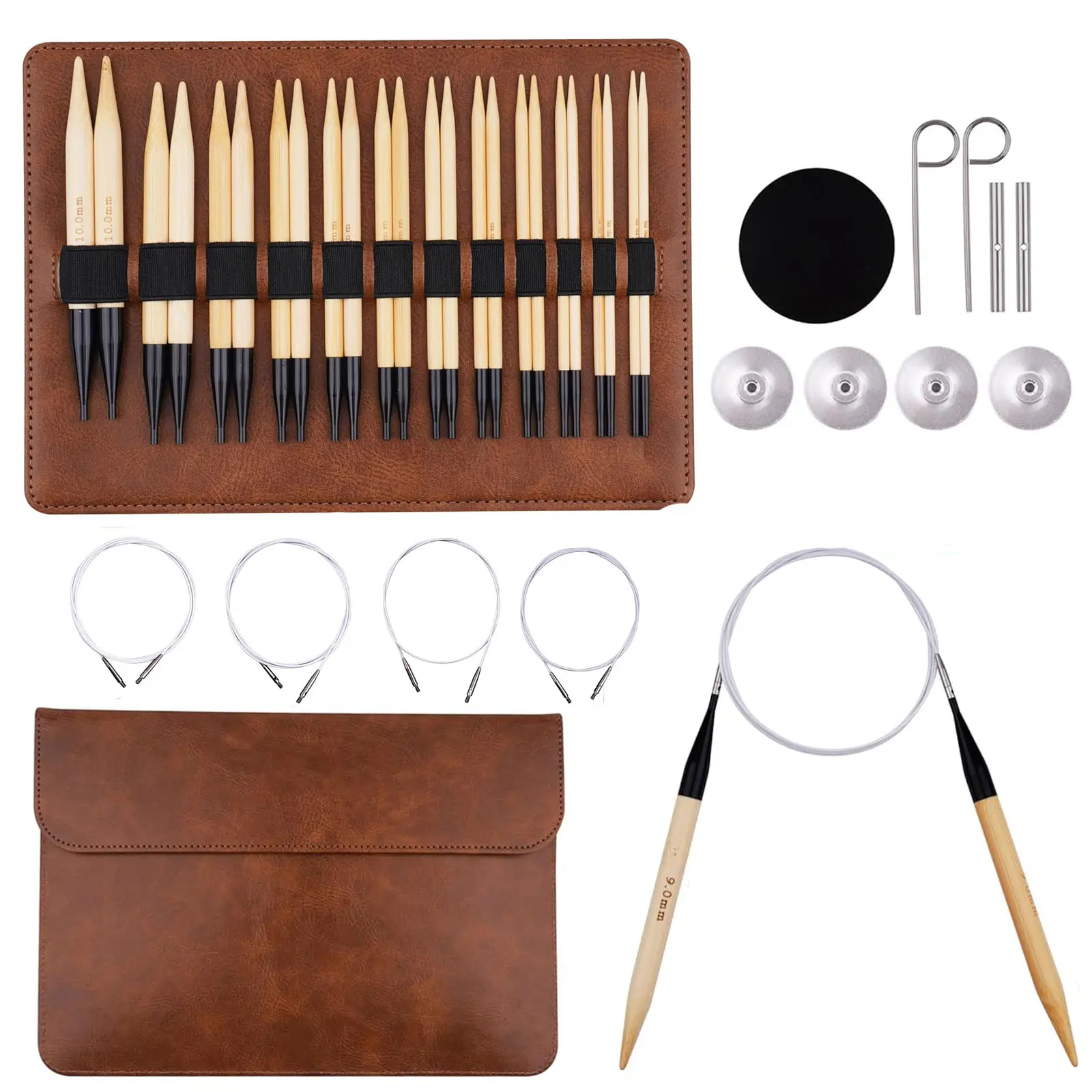 Bamboo Knitting Needles Set, 5-Inch Interchangeable Circular Knitting Needles US 4-15 (3.5-10mm),12 Pairs of Hand-Polished Circular Needles, 4 Cables, Accessories & Case (Black Tip)
