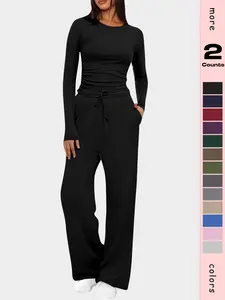 Women's 2 Counts Set Autumn and winter Outfits Lounge Sets Ruched Short Sleeve Tops High Waisted Wide Leg Pants Tracksuit Sets Sweatsuit With Pockets