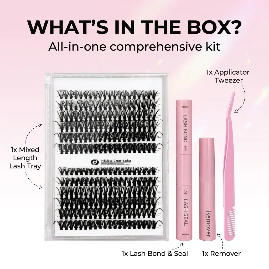 1 Set 9-16mm Length Individval Eyelash Extensions Kit,Self Grafting False D Curl Waterproof Eyelash Clusters Soft False