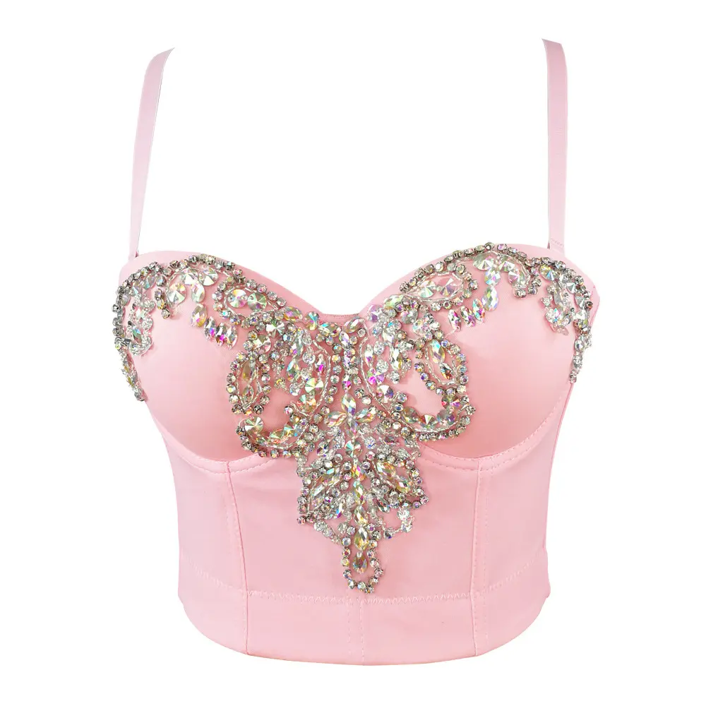 Women's Rhinestone-Stitched Fishbone Corset Camisole - Sleeveless Short Mini Crop Double Root Type Tank Top with Beading, Vintage Pink Sexy Shaper for Thanksgiving, Chinese New Year Events