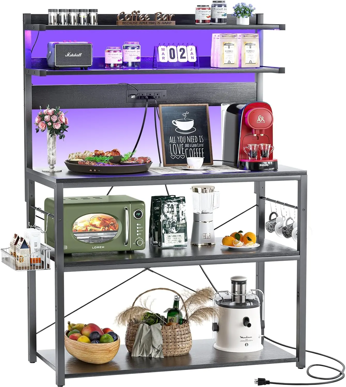 Bakers Rack with Power Outlet, Microwave Stand, 5 Tiers Coffee Bar Station with Led Lights, Kitchen Storage Shelf with 6 S-Shaped Hooks, Kitchen Rack Coffee Bar Stand, Black