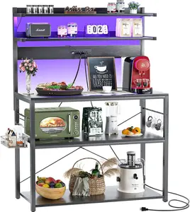 Bakers Rack with Power Outlet, Microwave Stand, 5 Tiers Coffee Bar Station with Led Lights, Kitchen Storage Shelf with 6 S-Shaped Hooks, Kitchen Rack Coffee Bar Stand, Black