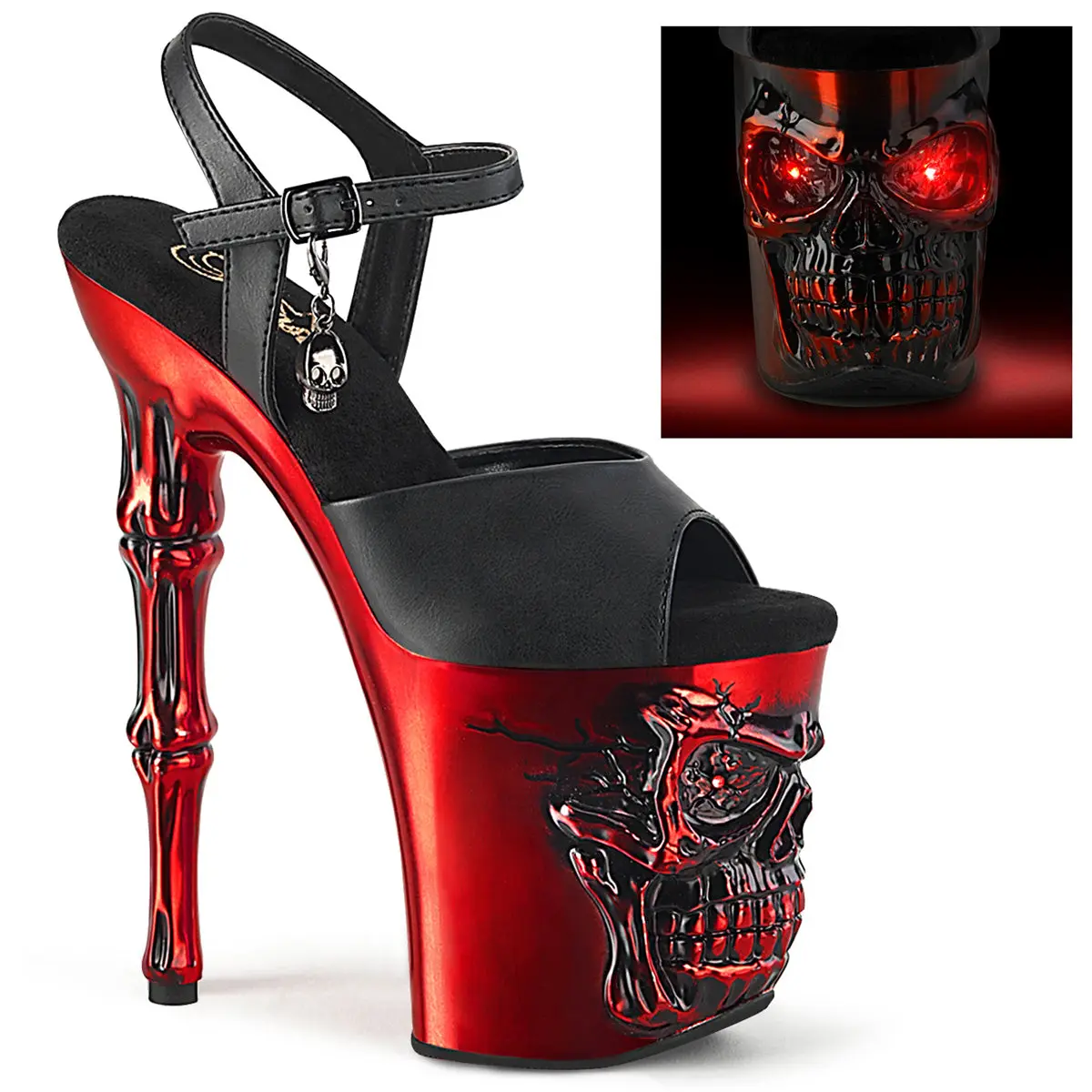 Women's Elegant Stylish Skull Platform High Heels Footwear - 8-in Ankle Strap Red Satin, Finger Bone Heel, USB Chargeable LED Lights, Height Increase Solutions, Mini