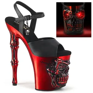 Women's 8 in High Heel Platform Shoe, RAPTURE-809-LT Black PU-Red Satin Skull Design