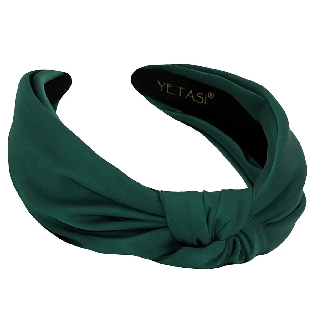 Yetasi Satin Headbands for Women - Silk-Quality Forest Green Knotted Hair Accessories, Non-Slip & Adjustable, Chic Fashion Statement Piece headband