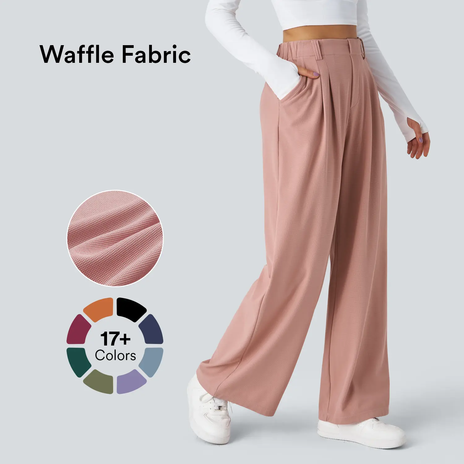 Sporty Chic Waffle Knit Bottoms - Solid High Waisted Wide Leg Pants with Pockets, 2-Way Stretch Polyester Elastane Blend, Bottom, Women, Basic, Polyester Blend